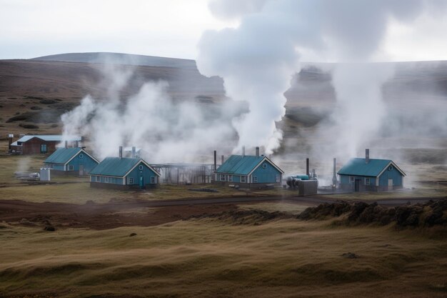 Исландский пейзаж со старыми деревянными домами и дымящимися трубами Промышленность по производству геотермальной энергии, производящая искусственный интеллект