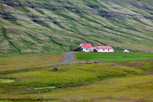 Icelandic Nature Landscape with Mountains and Dwellings