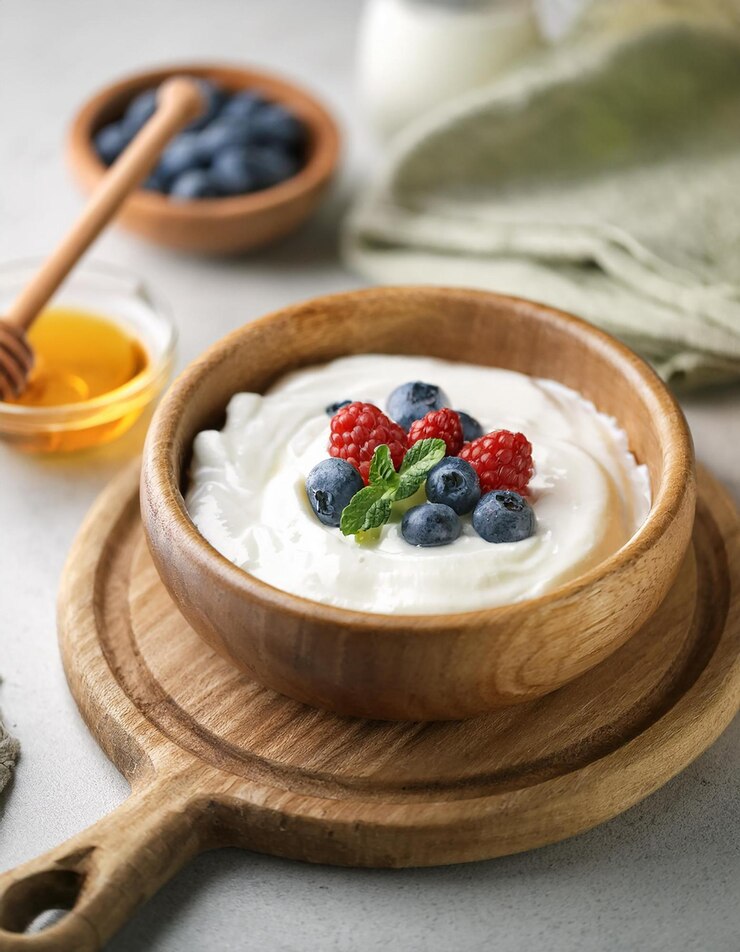 Photo アイスランドスカイア (icelandic skyr) は生地的な木製の鉢に新鮮なベリーと蜂蜜を入れたクリーム状のヨーグルトのような乳製品です