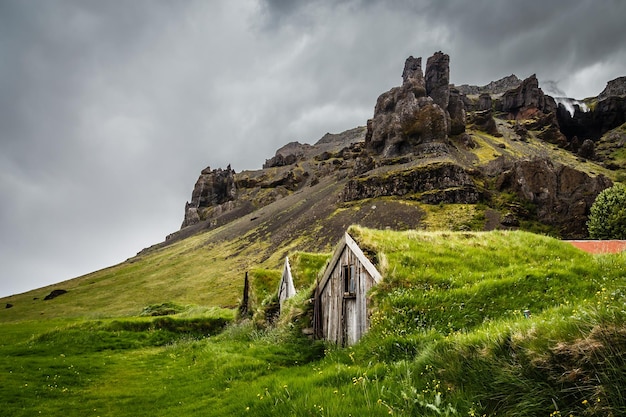 アイスランドの芝の家は、南アイスランドのカルファフェル村の近くの背景に草や崖で覆われています