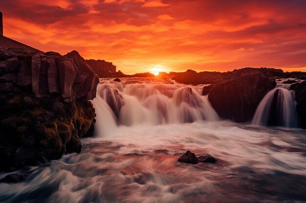 Photo icelandic waterfall at sunset green meadows