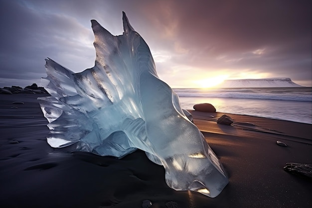 Photo icelandic winter landscape waving beach with iceberg and volcanic lake in islandia