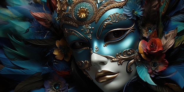 Ichly feathered Venetian mask close up rich color palette