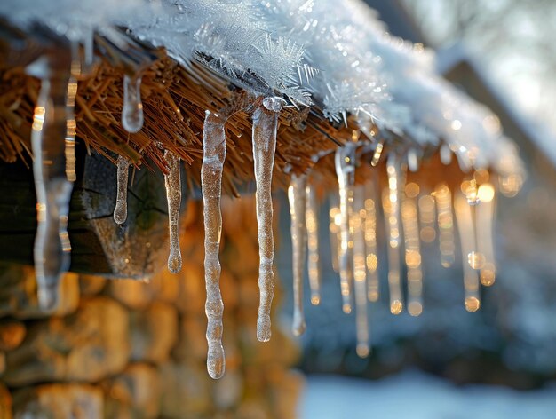 Icicles dripping from a thatched roof cottage the ice blurs with the thaw