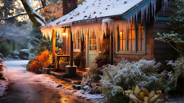 Photo icicles framing the eaves of a quaint garden shed