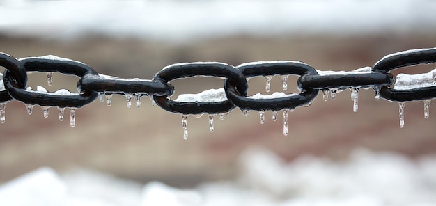 Icicles on a frozen metal chain winter weather season street interior details