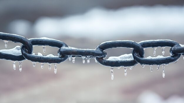 Foto ghiaccioli su una catena di metallo congelato stagione invernale strada dettagli interni