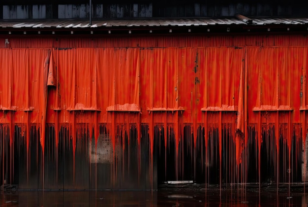 Photo icicles hanging down from a red roof in the style of thick paint layers