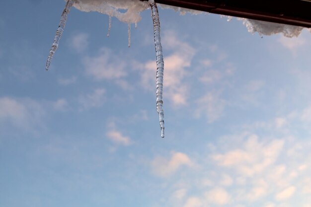 屋根の端からぶら下がっているつららが水を滴らせます