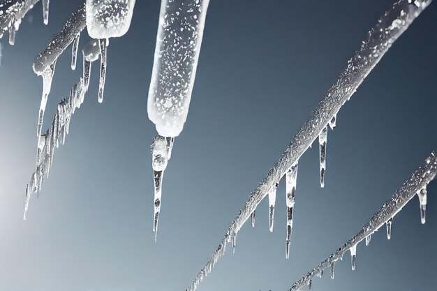 Icicles on house and wires on gray background