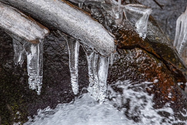 Icicles melting in the river after winter