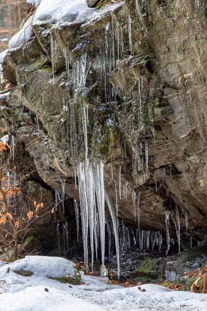 Icicles on a rock wall