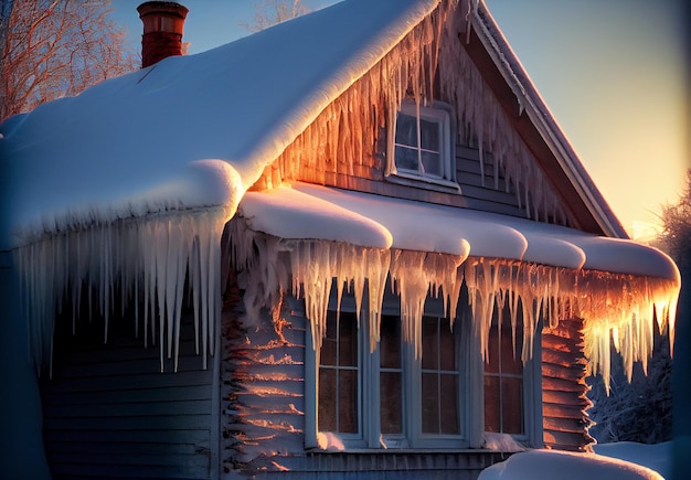 Icicles on the roof of a private house in winter