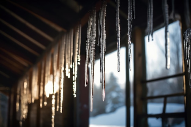 Icicles in winter The old hat is covered with ice in winter Icicles hang from the roof Generative AI