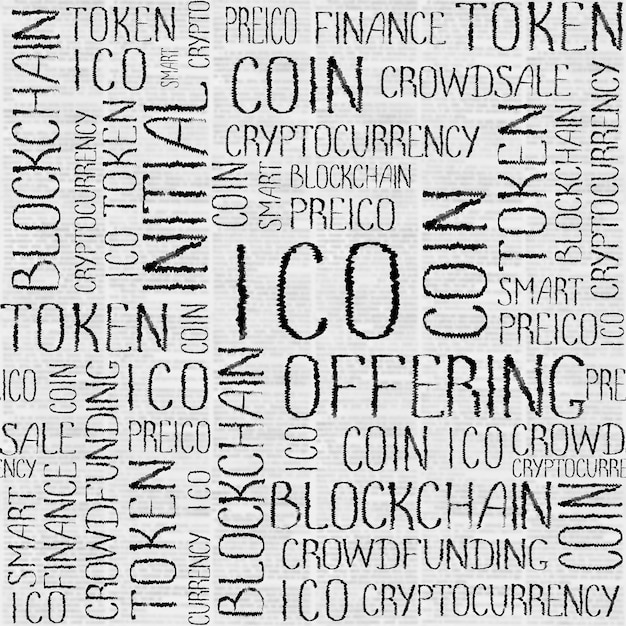 Ico offerta iniziale di monete, crowdfunding di avvio, trama della tecnologia blockchain. modello di parole concetto ico su sfondo grigio giornale illeggibile. modello senza cuciture