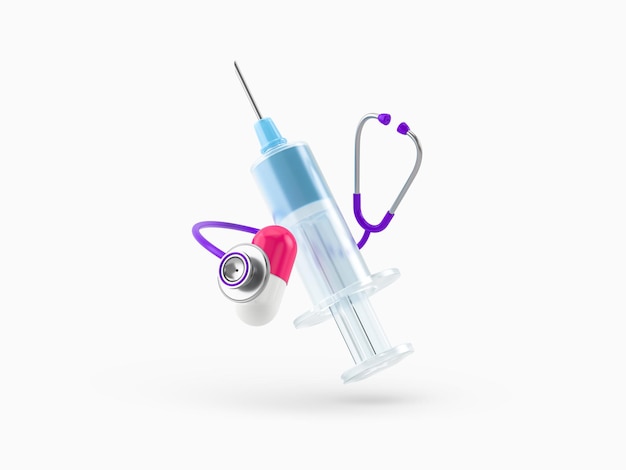 Photo icon blue syringe phonendoscope and pills white isolated background 3d render