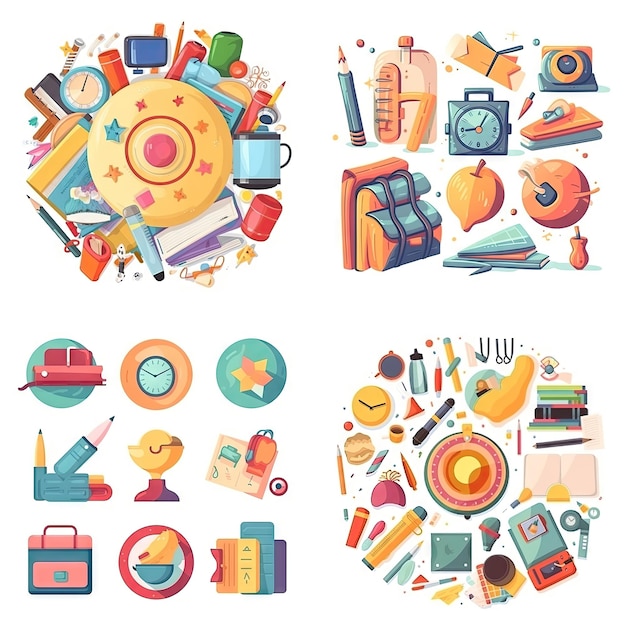 Photo icon of cartoon school supplies education white background