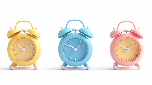 Icon collection of 3D Cartoon Alarm Clocks Vintage colored clock with wake up time Creative badge set isolated on white background Realistic elements 3D render