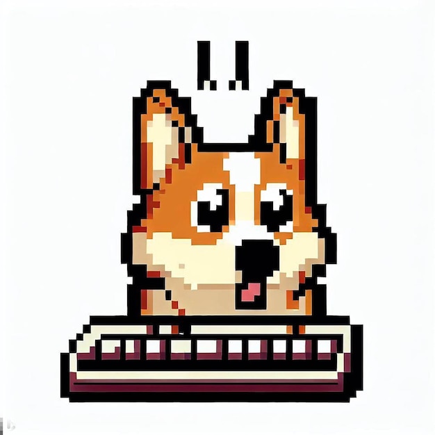 An icon of a corgi typing on a computer looking surprised on a white background pixel art