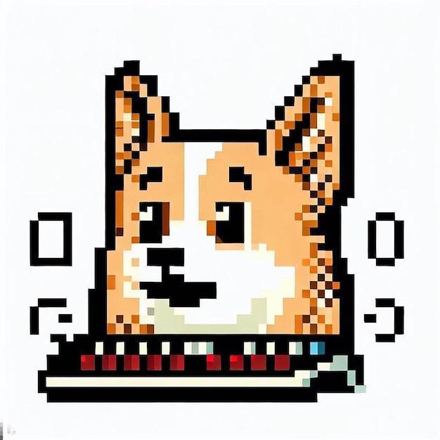 Photo an icon of a corgi typing on a computer looking surprised on a white background pixel art