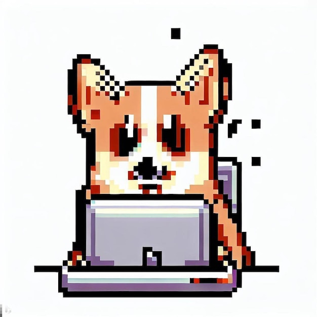 Photo an icon of a corgi typing on a computer looking surprised on a white background pixel art