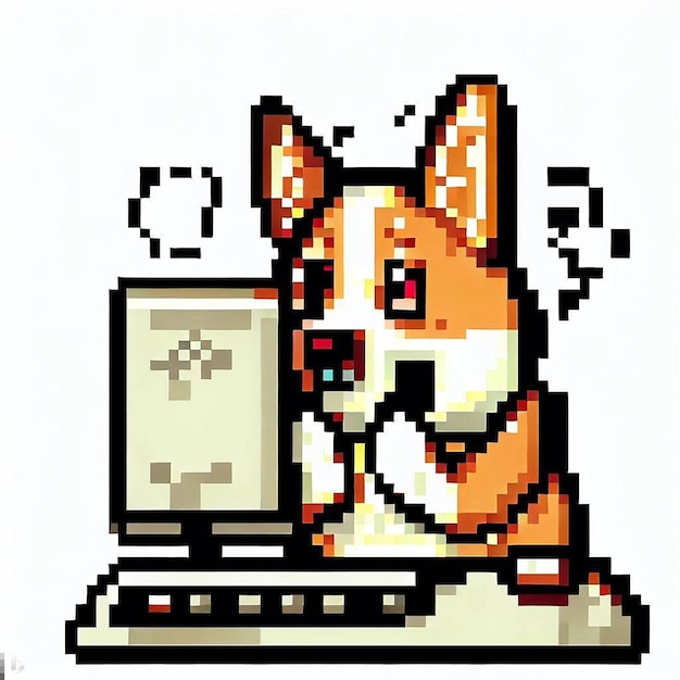 An icon of a corgi typing on a computer looking surprised on a white background pixel art
