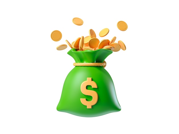 Photo icon full green money bag with dollar icon and flying coins 3d render