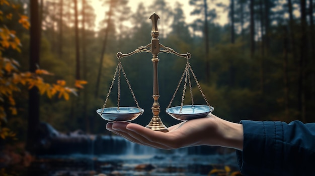 Icon of law scales in hand on the nature background