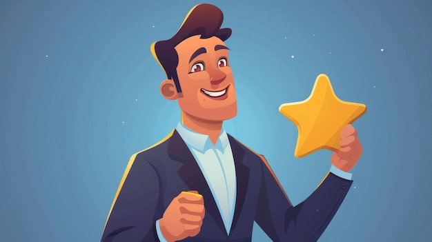 Photo icon of a man in a business suit holding a golden star cartoon modern illustration assessment opinion feedback