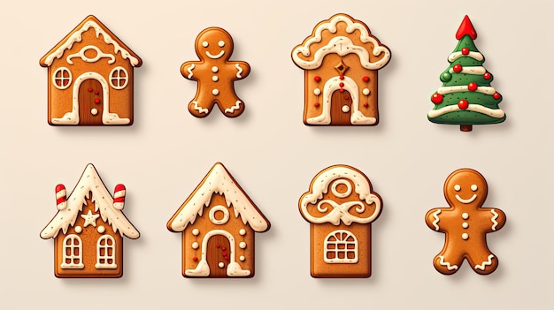 Photo icon set collection of gingerbread cookies each with its own unique holiday theme