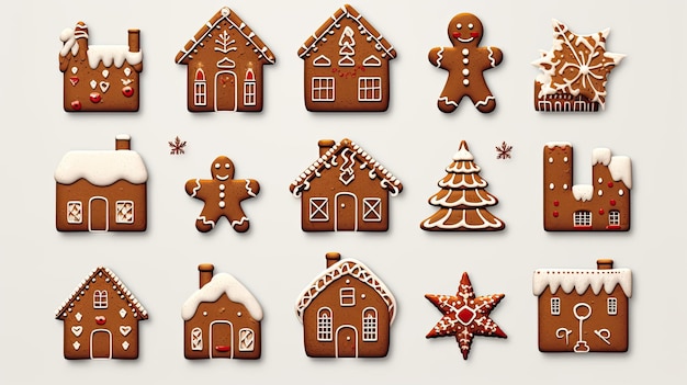 Photo icon set collection of gingerbread cookies including gingerbread houses snowmen and stars