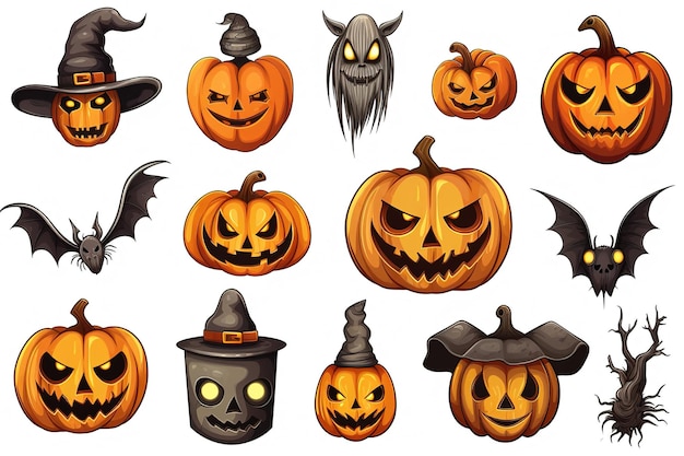 icon sets of halloween on white background explore a spooky halloween world with icons like pumpkins ghosts witches and skeletons on a white backdrop perfect for your festive