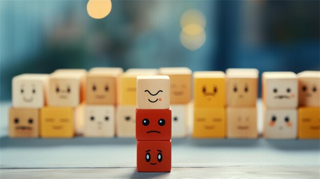 Foto icon van een glimlachend gezicht op houten kubussen klantenservice klantensupportconcept