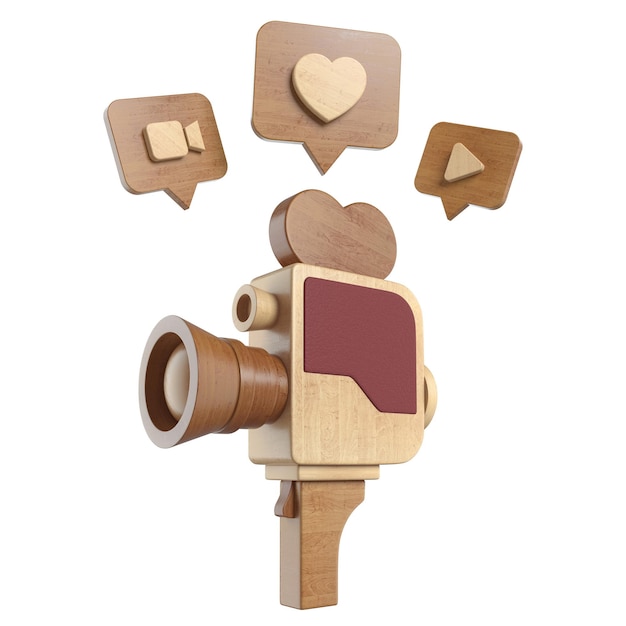 Icon Vintage wooden Film Camera with Social media Pin 3D render illustration
