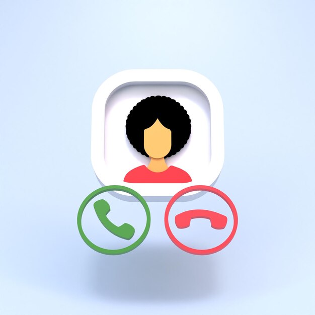 Icon of a woman and Buttons to pick up and drop a call 3d render