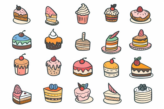 Iconen van cakes, desserts, cupcakes, symbolen, snoepjes, bakkerij, ontwerpelementen, bakkery, gebak, koekjes.