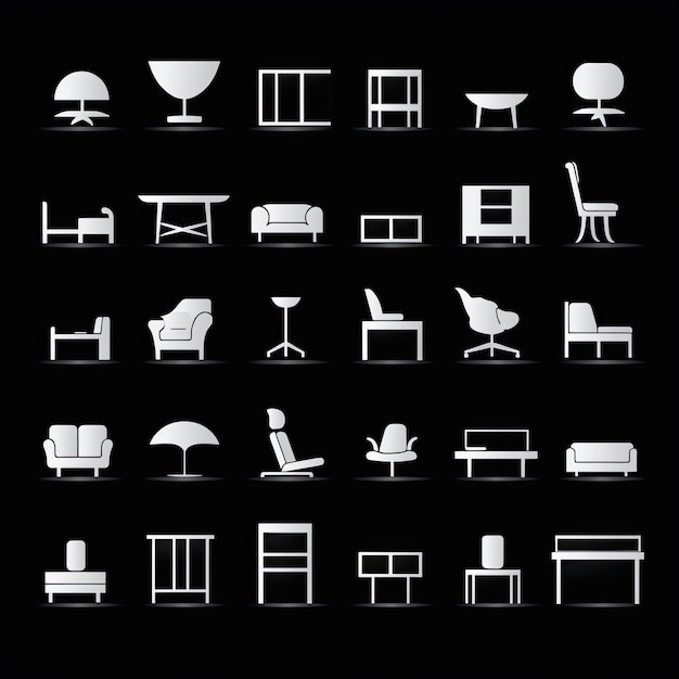 Iconen van meubels in set Wit op zwarte achtergrond Vectorillustratie