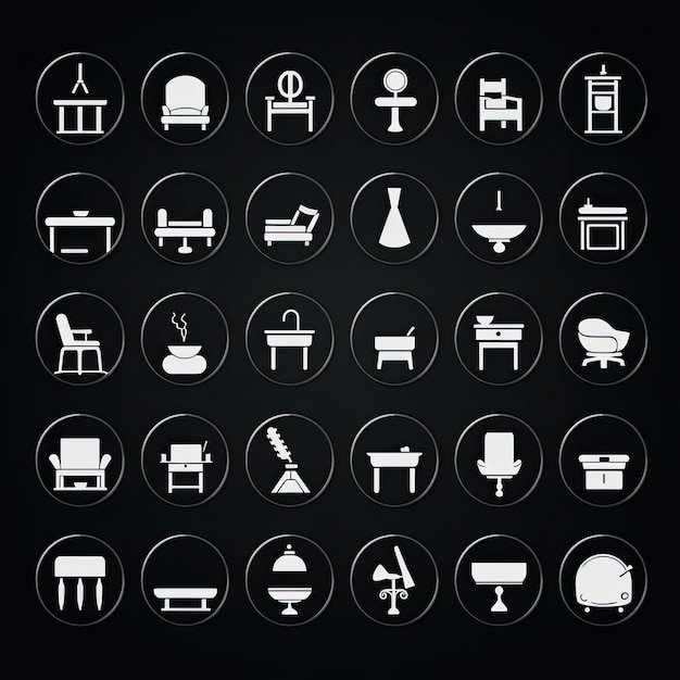 Foto iconen van meubels in set wit op zwarte achtergrond vectorillustratie