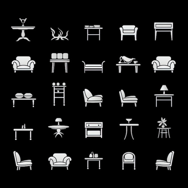 Iconen van meubels in set Wit op zwarte achtergrond Vectorillustratie