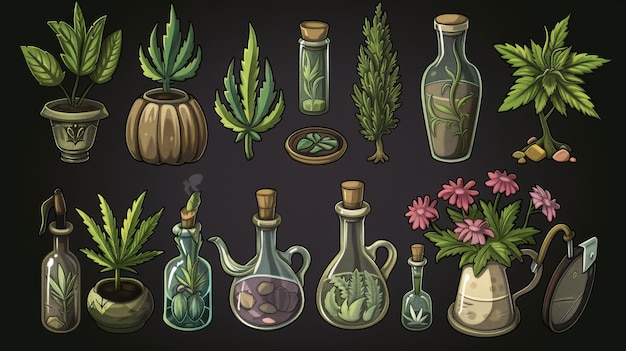 Foto iconen voor cannabisproductie en -apparatuur