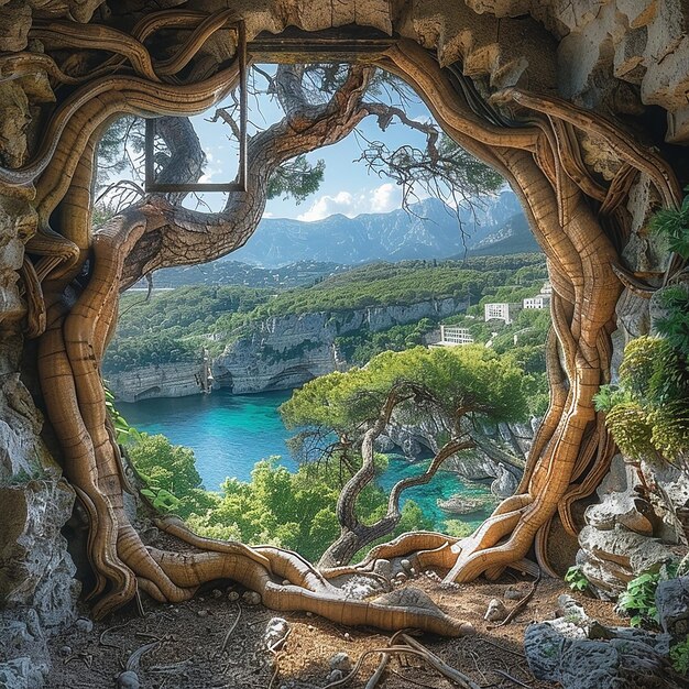 Photo iconic art ancient tree roots weaving in a world