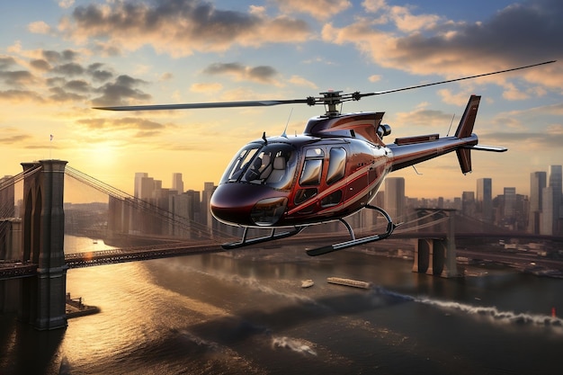 Iconic Brooklyn Bridge and Vibrant New York City Skyline with Soaring Helicopter AI