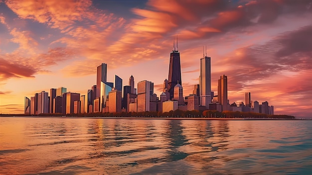 The iconic Chicago skyline at sunset with towering skyscrapers reflecting the warm hues of the sun Generative ai