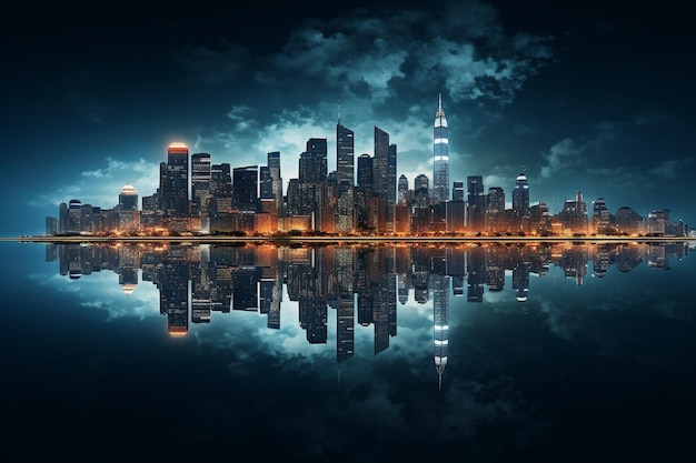 Iconic city skyline reflected in the shimmering waters of a lake at night