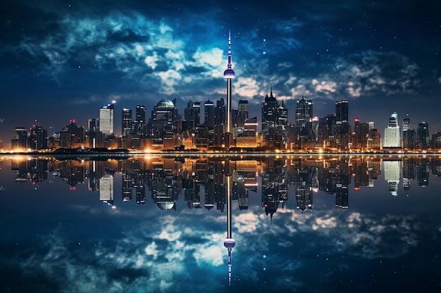 Iconic city skyline reflected in the shimmering waters of a lake at night