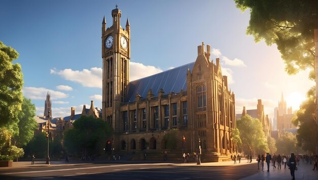 Photo the iconic clock tower of the university of melbourne bathed in warm sunlight stands proudly amids