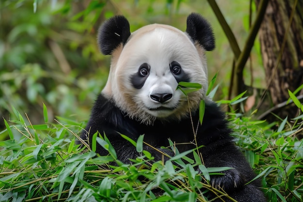 Foto i pandas giganti iconici e in via di estinzione nelle foreste di bambù i pandas gigantes maestosi e in via d'estinzione vagano in mezzo alle lussureggianti foreste di bambù