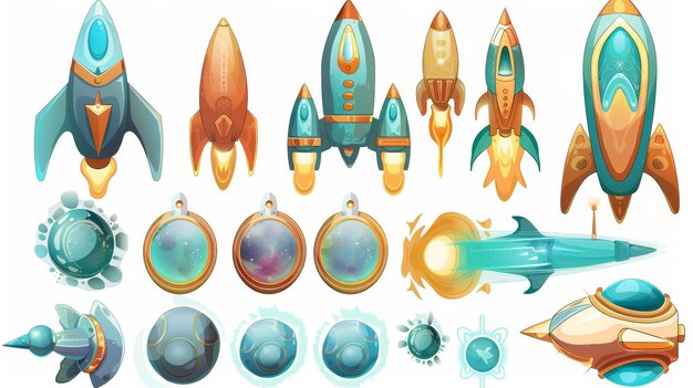 Iconic images of alien spaceship game icons illustrating funny rockets ufo shuttles on white background Fantasy cosmic objects computer game design elements