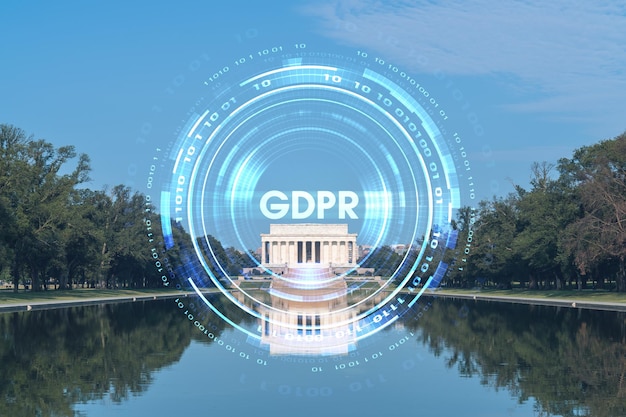 Iconic lincoln memorial washington dc usa seen from reflecting\
pool american politics and governmental bodies gdpr hologram\
concept of data protection regulation and privacy for all\
individuals