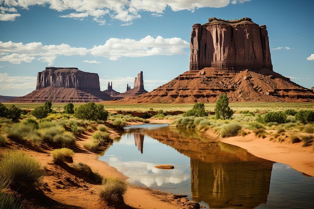 Iconic Monument Valley USA Navajo territory Martianlike vistas Red sandstone buttes vast desert expanse Land of Navajo tribe renowned geological formations Generation AI